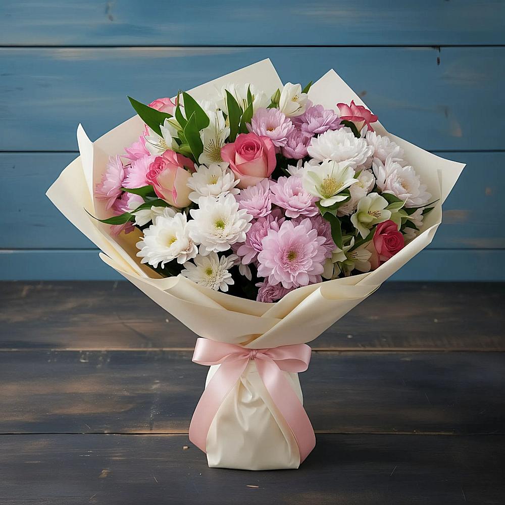 Букет цветов из: Хризантемы, Альстромерии и Розы в Октябрьском Архангельской области